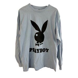 Playboy Long Sleeve Mens L Blue Graphic Logo Tee 100% Cotton Crewneck Honduras
